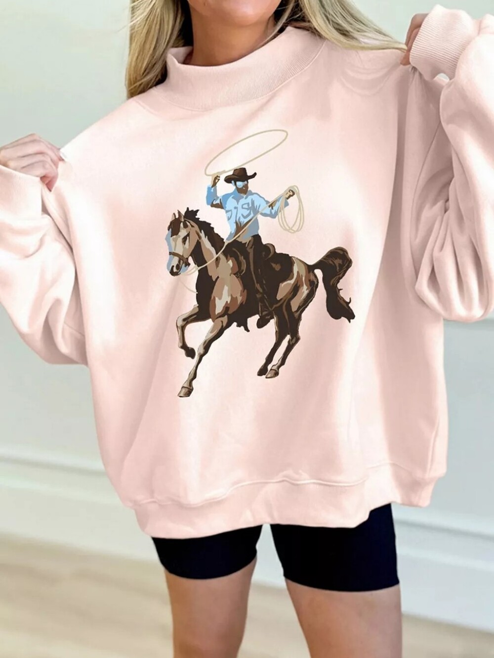 Western Cowboy Rodeo Print Mock Neck Sweatshirt